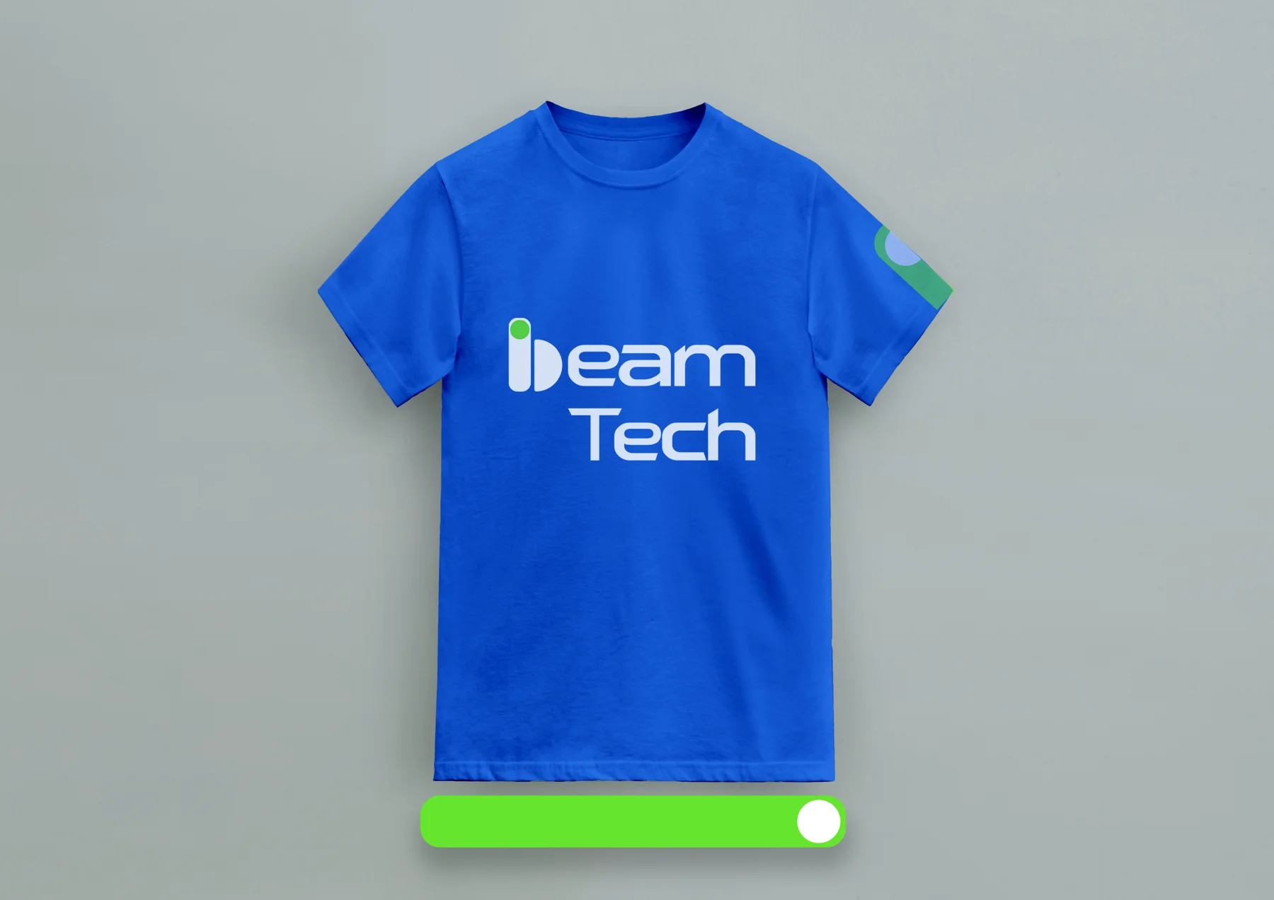 Blue Beam Tech branded shirt with green graphic accents