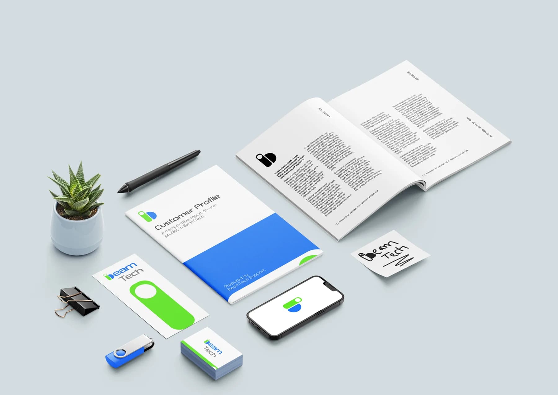 Collection of Beam Tech branded stationery and digital applications