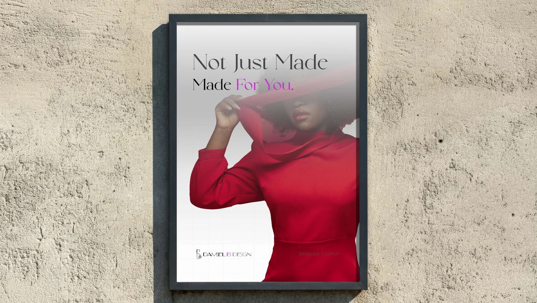 Fashion advertising mockup featuring a woman in red and the line Not Just Made Made For You