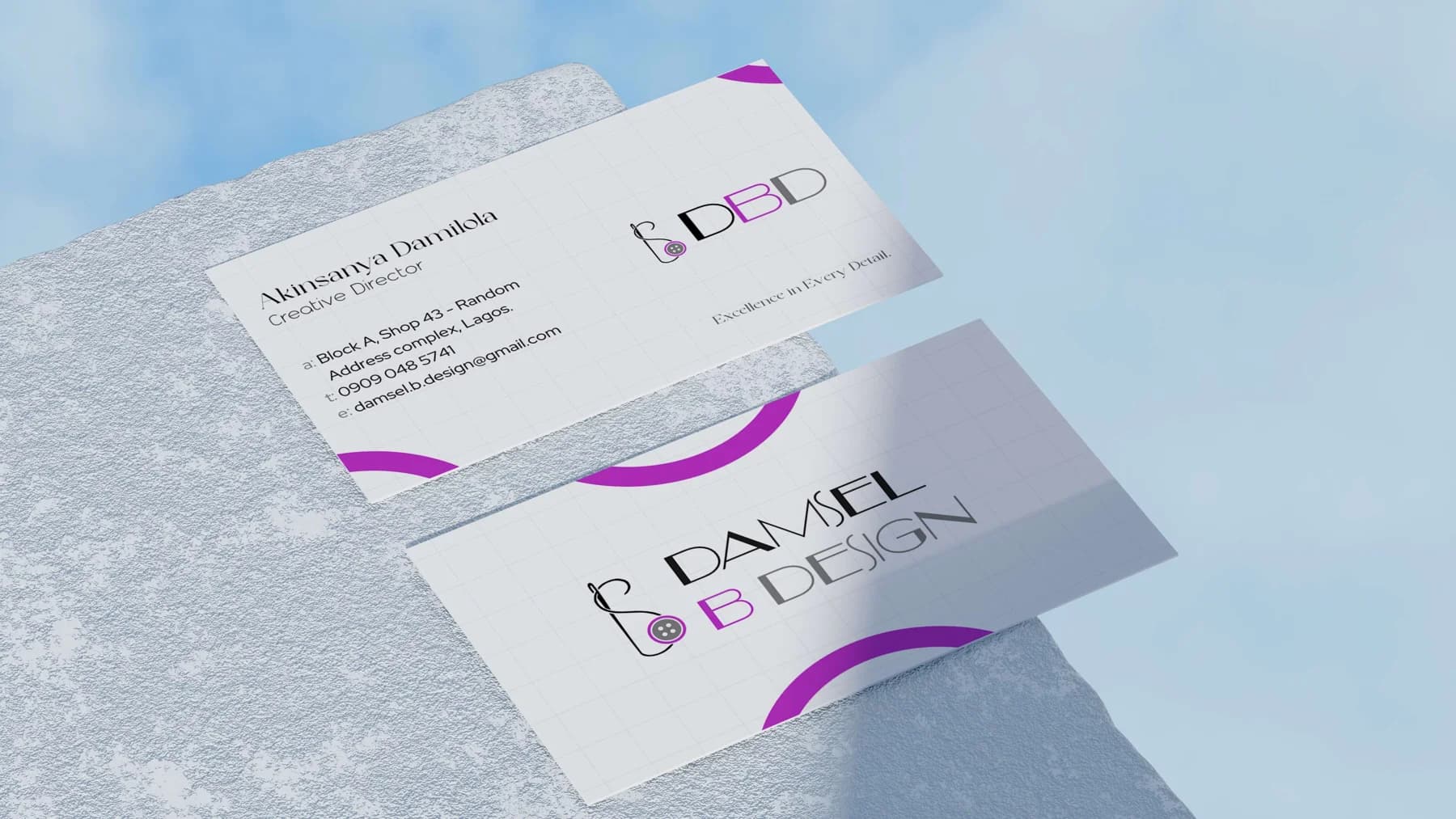 Damsel B Design business cards with fine typography and purple curves