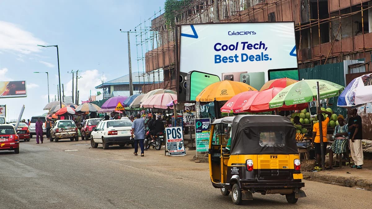 Glaciers billboard mockup on a busy Nigerian street