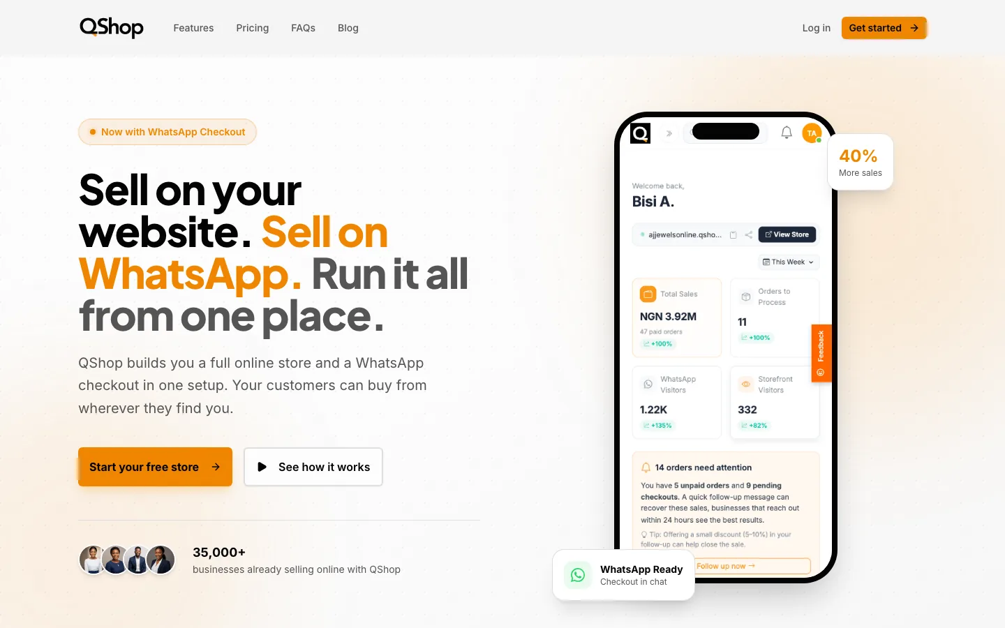 The QShop homepage: an online store and WhatsApp checkout in one setup