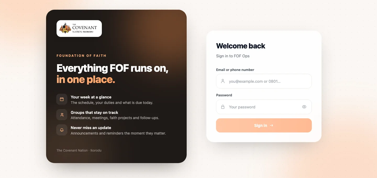 The FOF Ops sign-in page