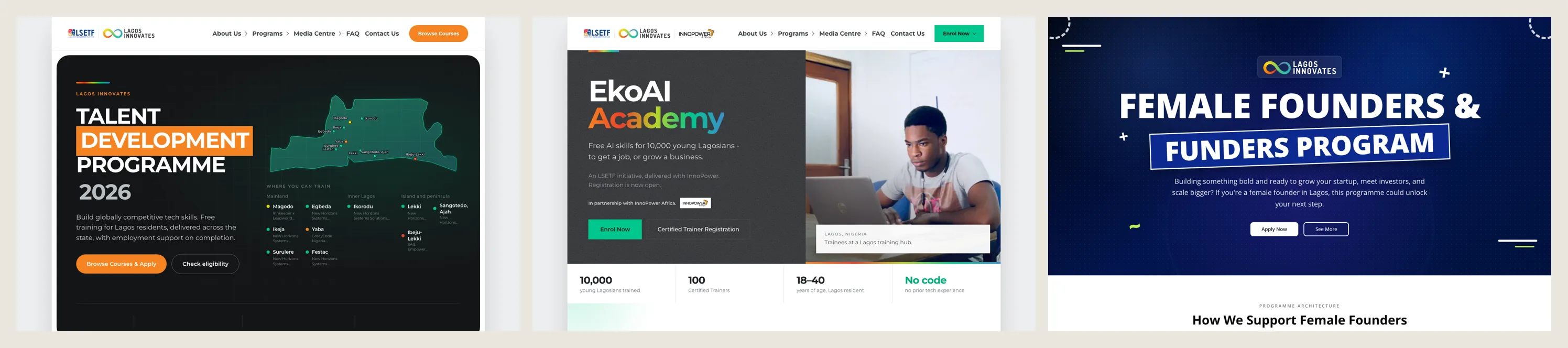 The Talent Development Programme, EkoAI Academy, and Female Founders & Funders sites