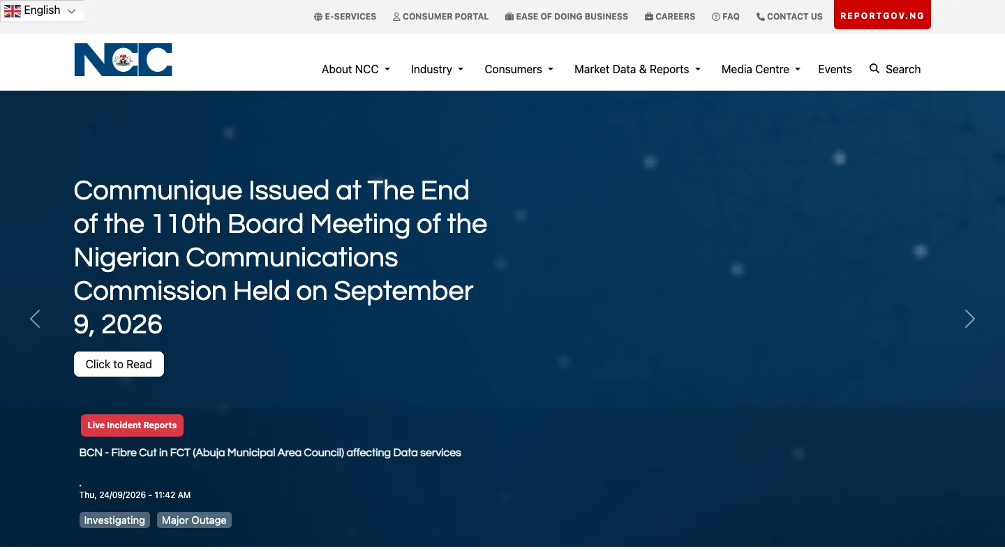 The redesigned Nigerian Communications Commission homepage