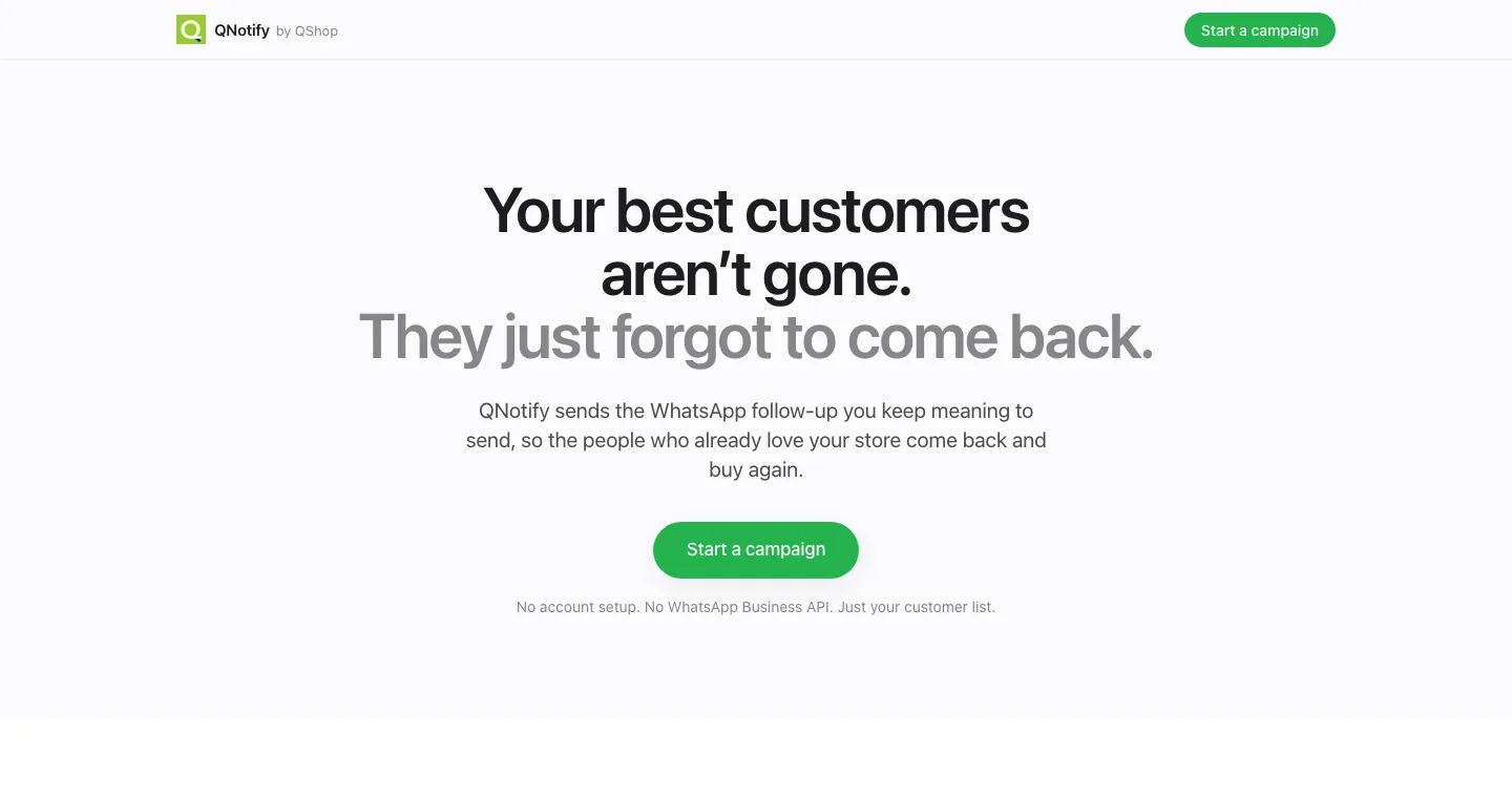 The QNotify page: WhatsApp follow-ups that bring customers back