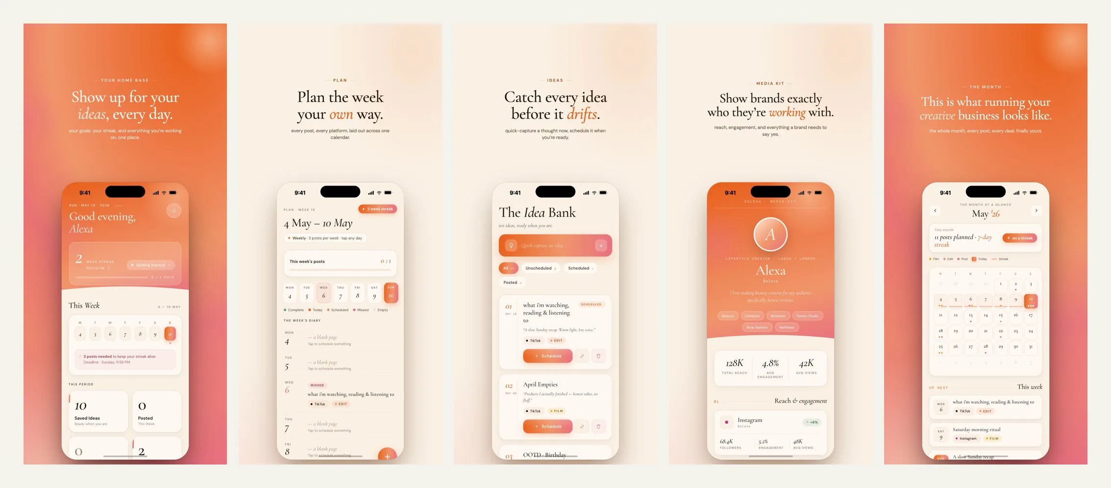Soleaa's App Store screenshots: dashboard, weekly plan, idea bank, media kit, and calendar